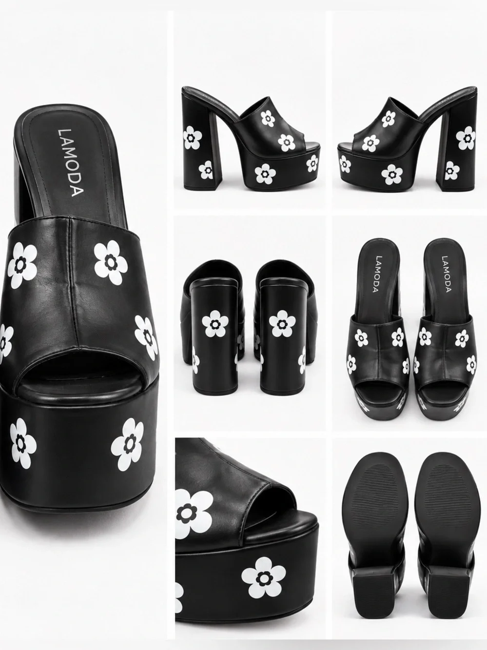 Lamo Black Leather Platform Mule Sandals with White Floral Print